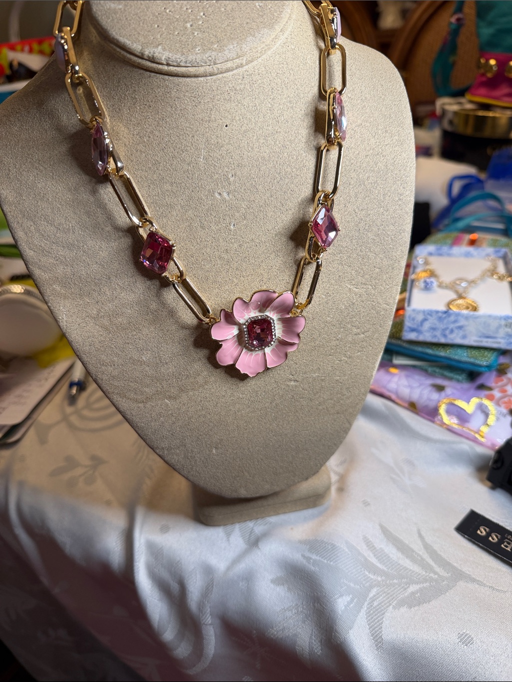 Gold Chain Pink Flower Pendant Necklace - Women's Jewelry